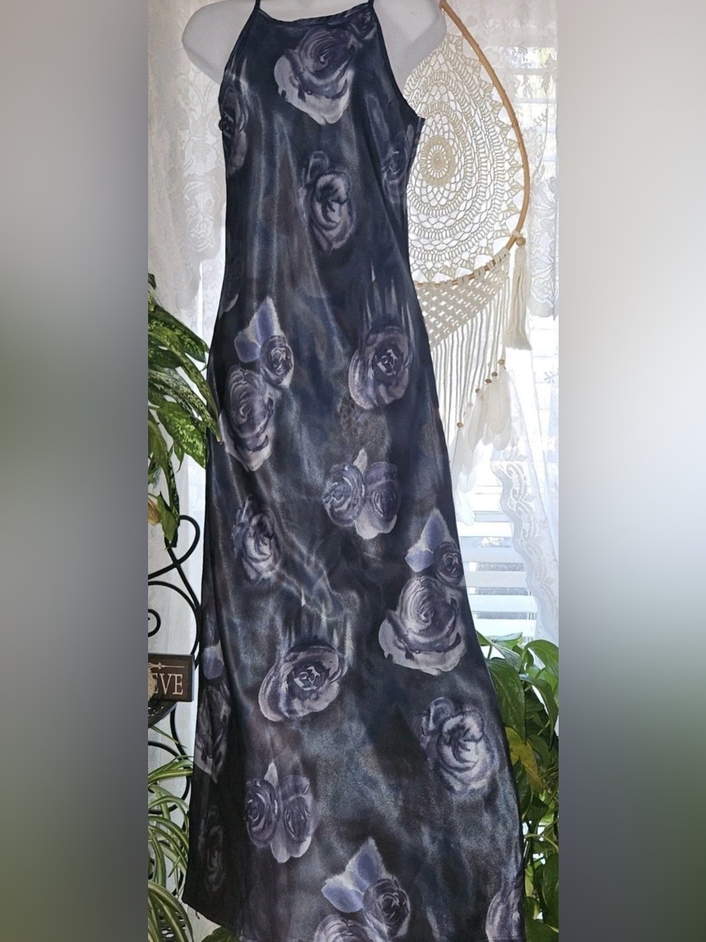 1990s Whimsigoth Satin Grey Rose Floral Halter Maxi Slip Dress XXS romantic goth